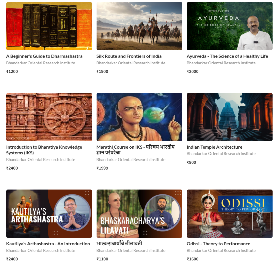 bhandarkar oriental research institute, BORI's online course platform www.bharatvidya.in screenshot of courses offered. found on globalbharatiya.info